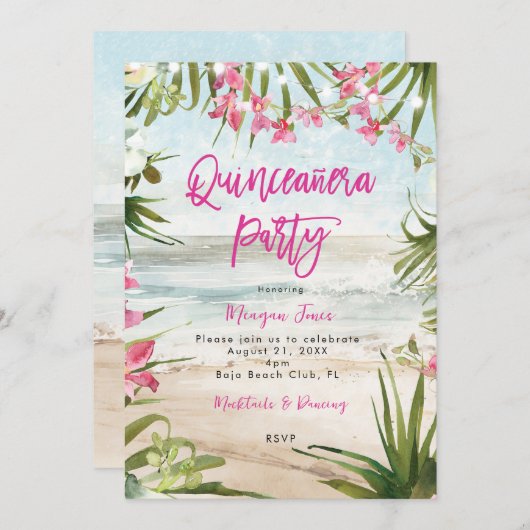 Tropisch Bloemenstrand Quinceanera Party Kaart (Voorkant / Achterkant)