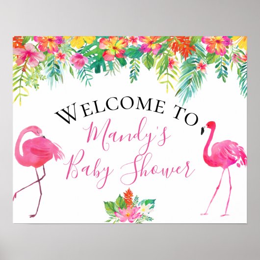 Tropisch bloemig flamingo baby shower bord poster (Voorkant)