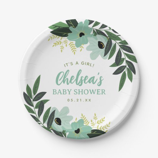 Tropisch bloemig gepersonaliseerd Baby shower Papieren Bordje (Voorkant)