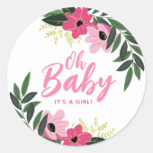Tropisch bloemig gepersonaliseerd Baby shower Ronde Sticker (Voorkant)