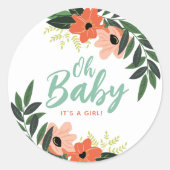 Tropisch bloemig gepersonaliseerd Baby shower Ronde Sticker (Voorkant)