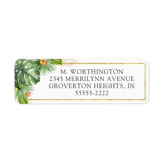 Tropisch Bloemig Goud Met Waterverf Bladwerk Etiket (Voorkant)