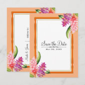 Tropisch bloemig koraal oranje & goud save the dat aankondigingskaart (Voorkant / Achterkant)