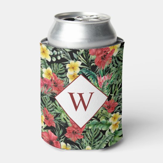 Tropisch Bloemig Monogram Zwart Blikjeskoeler (Blikje Voorkant)
