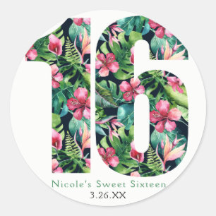 Tropisch bloemig Sweet 16 Hawaiian 16e verjaardag Ronde Sticker
