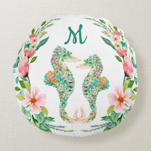 Tropisch Bloemig Zeepaardje Koppel Monogram Rond Kussen