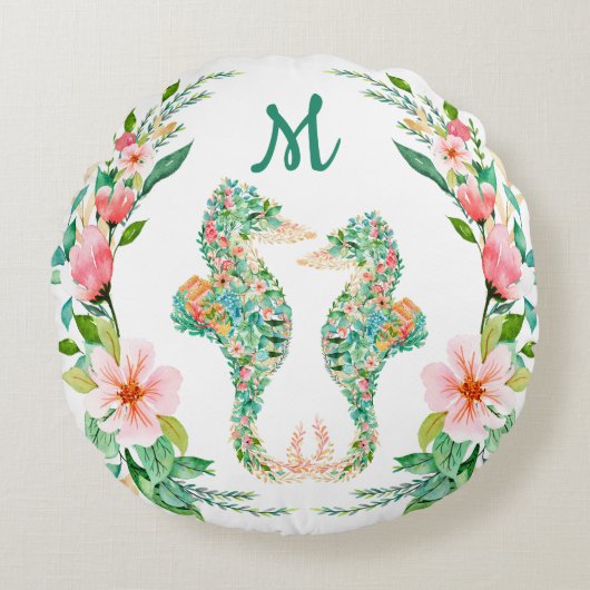 Tropisch Bloemig Zeepaardje Koppel Monogram Rond Kussen (Voorkant)