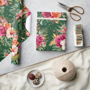 Tropisch Bloemmotief Hibiscus & Groene Bladeren Cadeaupapier