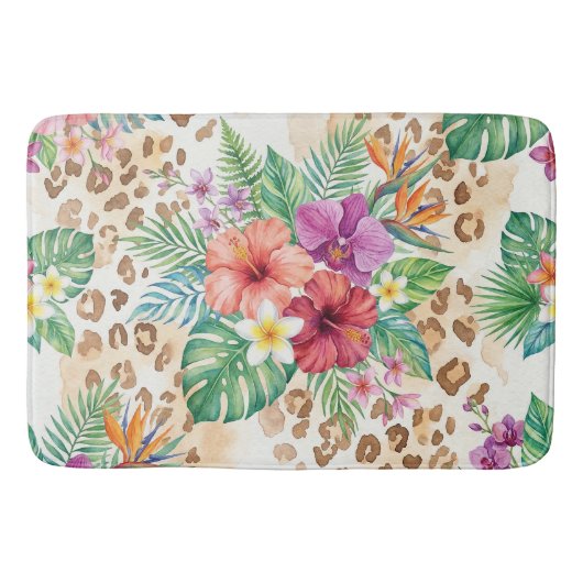 Tropisch Bloemmotief Luipaardprintpatroon Badmat (Voorkant)