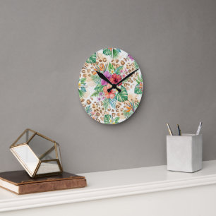 Tropisch Bloemmotief met Luipaardprint Ronde Klok