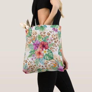 Tropisch Bloemmotief met Luipaardprint Tote Bag