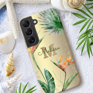Tropisch Bloemmotief met Monogram Schrift Goud Fol Samsung Galaxy Hoesje
