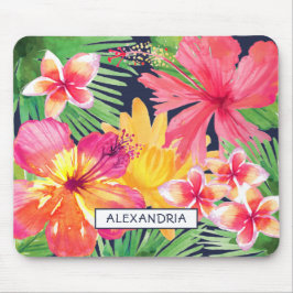 Tropisch bloemmotief Roze Hibiscus Plumeria Marine Muismat