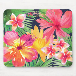 Tropisch bloemmotief Roze Hibiscus Plumeria Marine Muismat