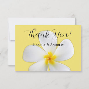 Tropisch Bloemmotief, Witte Plumeria op Geel, Trou Bedankkaart