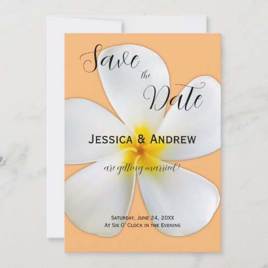 Tropisch Bloemmotief, Witte Plumeria Sinaasappel, Save The Date (Voorkant)