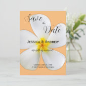 Tropisch Bloemmotief, Witte Plumeria Sinaasappel, Save The Date (Staand voorkant)