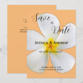 Tropisch Bloemmotief, Witte Plumeria Sinaasappel, Save The Date (Voorkant / Achterkant)