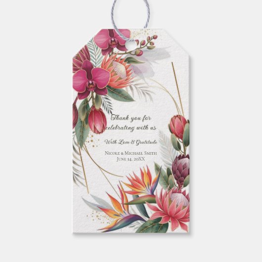 Tropisch Bloemparadijs Botanische Gouden Bruiloft Cadeaulabel (Voorkant)