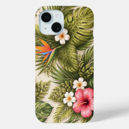 Tropisch bloempatroon – Hibiscus, Monstera iPhone 15 Case