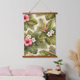 Tropisch bloempatroon – Hibiscus, Monstera Hangend Wandkleed