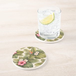 Tropisch bloempatroon – Hibiscus, Monstera Zandsteen Onderzetter