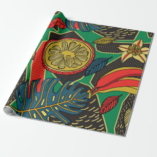 Tropisch bloempatroon in doedelstijl met fruit cadeaupapier