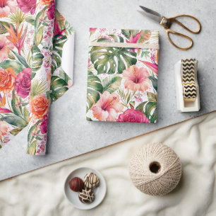 Tropisch Bloemrijk Kleurrijk Hibiscus & Groene B Cadeaupapier