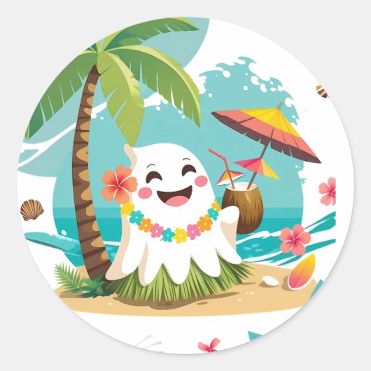 Tropisch Boek - Kawaii Hawaiian Ghost Vacation Ronde Sticker (Voorkant)