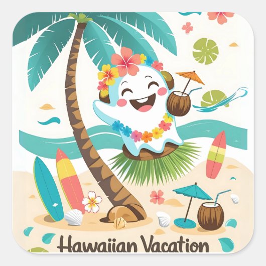 Tropisch Boek - Kawaii Hawaiian Ghost Vacation Vierkante Sticker (Voorkant)