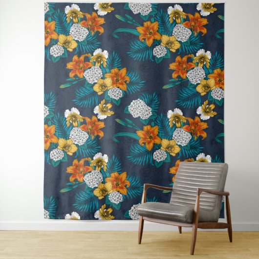 Tropisch boeket blauw wandkleed (In situ)