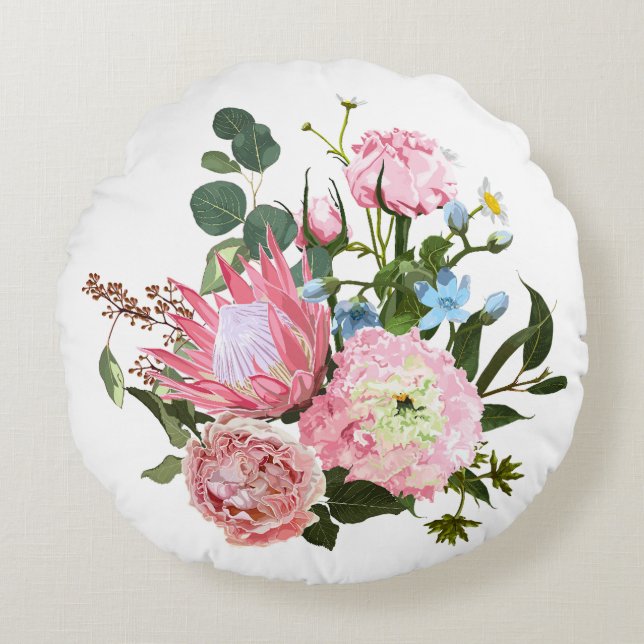 Tropisch boeket met roze bloemen. rond kussen (Voorkant)