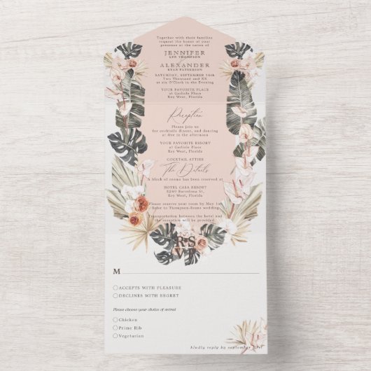Tropisch Bohemen Floral Bleek Blush Weddenschap All In One Uitnodiging (Binnen)