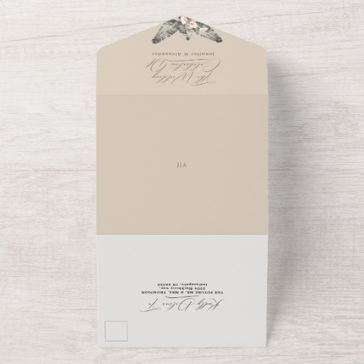 Tropisch Bohemen Floral Taupe Wedding All In One Uitnodiging (Buitenkant)