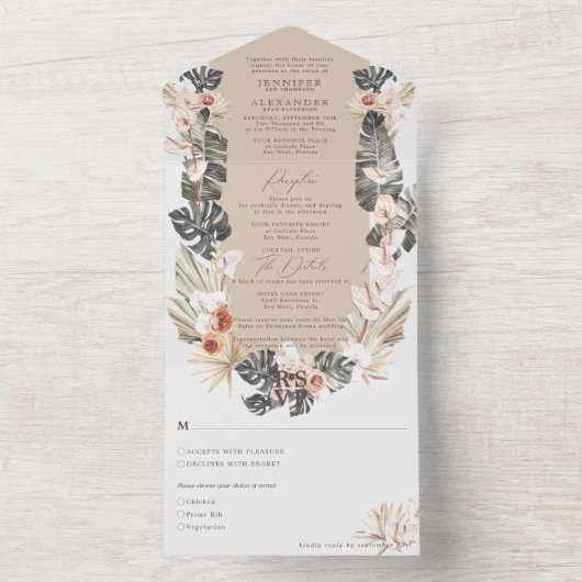 Tropisch Bohemen Floral Taupe Wedding All In One Uitnodiging (Binnen)