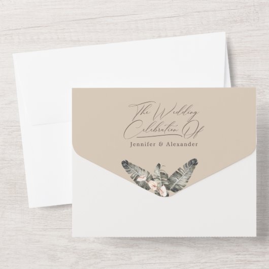 Tropisch Bohemen Floral Taupe Wedding All In One Uitnodiging (Achterkant)