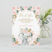 Tropisch Boho Elephant Blush Floral Baby shower Bedankkaart (Staand voorkant)