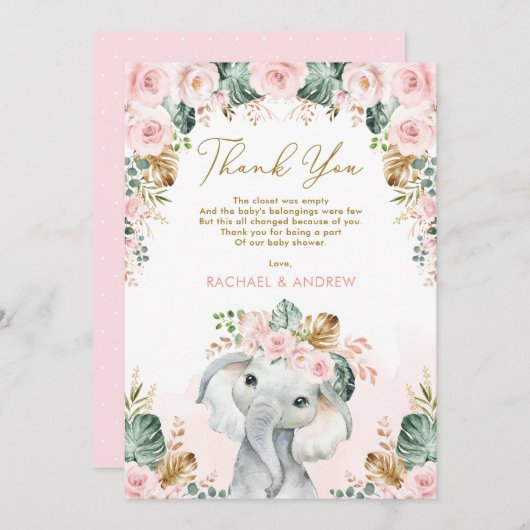 Tropisch Boho Elephant Blush Floral Baby shower Bedankkaart (Voorkant / Achterkant)