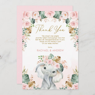 Tropisch Boho Elephant Blush Floral Baby shower Bedankkaart
