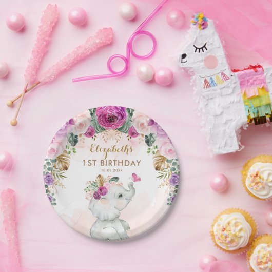 Tropisch Boho Elephant Wild Eén eerste verjaardag  Papieren Bordje (Feest)