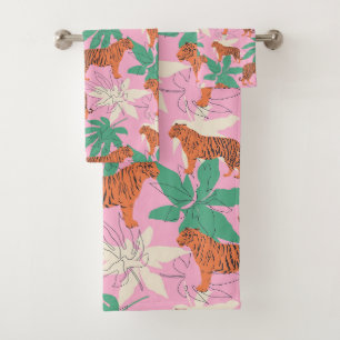 Tropisch Boho Oranje Roze Tijger Jungle Patroon Bad Handdoek