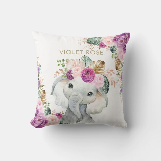 Tropisch Boho Paars Blush Floral Elephant Kussen (Voorkant)