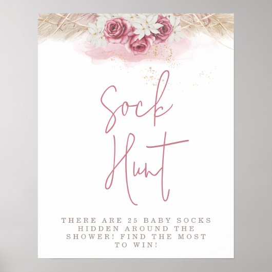 Tropisch Boho roze Roses Baby shower Sock Hunt Poster (Voorkant)