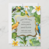 Tropisch bos Greenery Parrots Plumeria Wedding Save The Date (Voorkant)