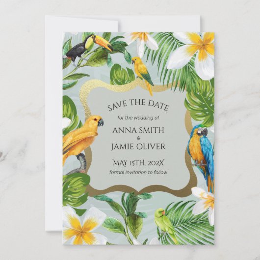 Tropisch bos Greenery Parrots Plumeria Wedding Save The Date (Voorkant)