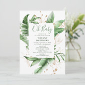 Tropisch botanisch bladframe en gouden babyshower kaart (Staand voorkant)