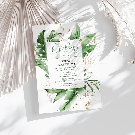 Tropisch botanisch bladframe en gouden babyshower kaart