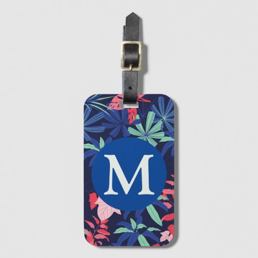 Tropisch botanisch donkerblauw monogram bagagelabel (Voorkant (verticaal))