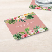 Tropisch botanisch floraalroze modern blad kartonnen onderzetters (Schuin)