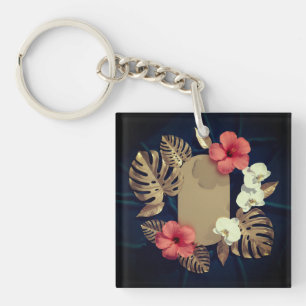 Tropisch botanisch goud Monstera Hibiscus Elegant Sleutelhanger